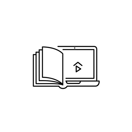 Laptop and book line icon. Single high quality outline symbol for web design or mobile app. Thin line sign for design . Black outline pictogram on white backgroundのイラスト素材
