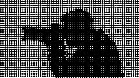 a black and white image of a man wearing a hooded jacket made up of small squares