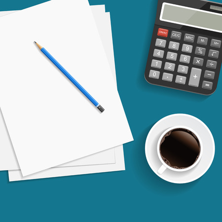 Business Concept. Realistic papers with Pencil and Cup of Coffee on Blue Background. Vector Illustrationのイラスト素材