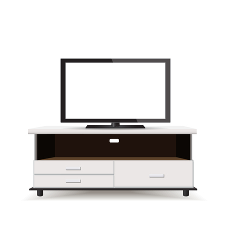 Realistic vector Television put on white wooden tableのイラスト素材