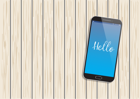 Hello from a mobile on woodenのイラスト素材