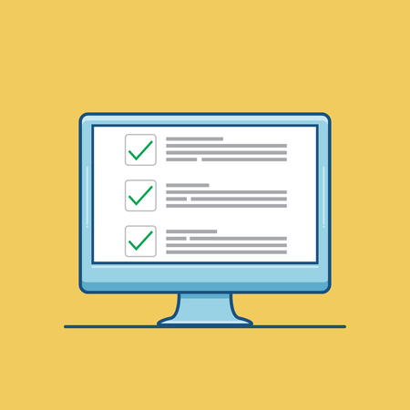 Checkboxes on computer screen. Checkboxes and green checkmarks. Modern concept for web banners, web sites, infographics. Creative flat design vector illustration isolated on yellow backgroundのイラスト素材