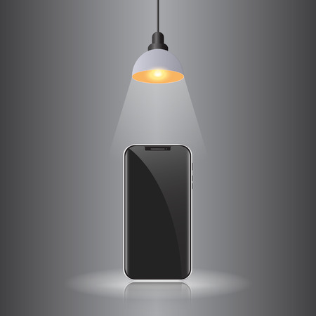 Smartphone black on gray background with hanging lighting lamp great room space for your abstract designのイラスト素材