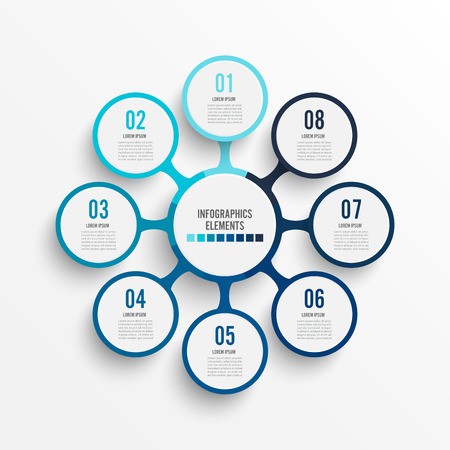 Vector infographic template with 3D paper label, integrated circles. Business concept with 8 options. For content, diagram, flowchart, steps, parts, timeline infographics, workflow, chart.のイラスト素材