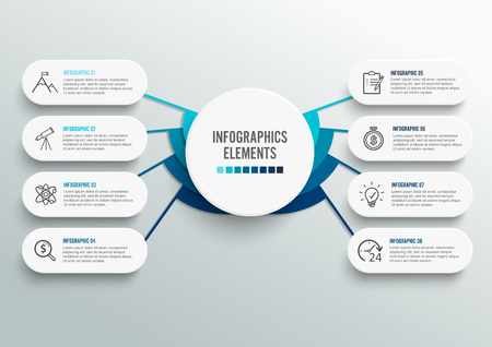 Vector infographic template with 3D paper label, integrated circles. Business concept with 8 options. For content, diagram, flowchart, steps, parts, timeline infographics, workflow, chart.のイラスト素材