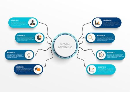 Vector infographic template with 3D paper label, integrated circles. Business concept with 8 options. For content, diagram, flowchart, steps, parts, timeline infographics, workflow, chart.のイラスト素材