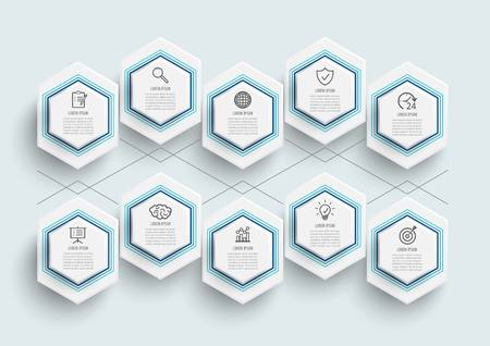 Vector infographic template with 3D paper label, integrated circles. Business concept with 10 options. For content, diagram, flowchart, steps, parts, timeline infographics.のイラスト素材