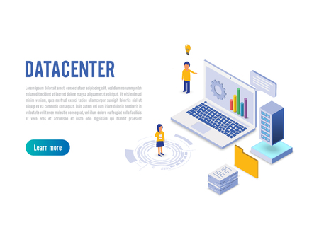 Internet datacenter connection, administrator of web hosting concept. Character and text for services. Technology center hardware software database for safe server. Flat isometric vector illustration. Vector EPS10のイラスト素材