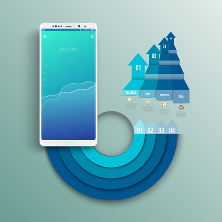 White smartphone mockup with infographic graph screen.  Infographic template with icons and 4 options. Can be used for workflow layout, diagram, business template, banner, web design.のイラスト素材