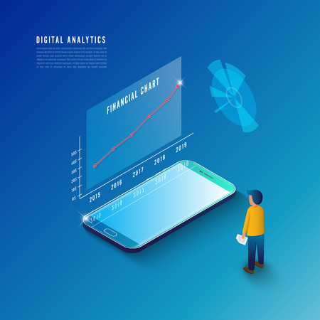 Isometric design concept business strategy. 3d isometric flat design. Analysis data and Investment. Business success. Financial review with smartphone and infographic elements. Vector illustrationのイラスト素材