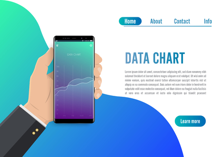 Market trend analysis on smartphone with line chart and graphs. Hand holds phone. Data chart concept. Flat design concept data marketing. Visualize with graph and chart marketing growthのイラスト素材