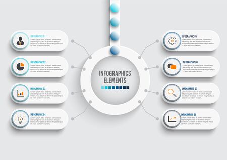 Vector infographic template with 3D paper label, integrated circles. Business concept with 8 options. For content, diagram, flowchart, steps, parts, timeline infographicsのイラスト素材