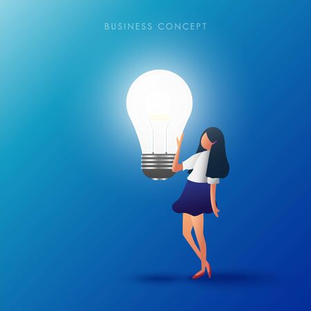 The women touch the lamp. Creative thinking  and idea concept. Vector illustration.のイラスト素材