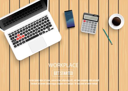 Realistic workplace desktop. Top view desk table on wood. With metal pencil, mobile smartphone, coffee, calculator and laptop. Vector illustration.のイラスト素材