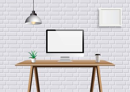 Realistic vector office creative space with display on desk table. Mockup workspace background with front view computer desktop and frame on wall.のイラスト素材