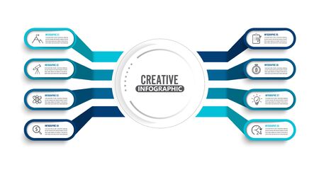 Vector infographic template with 3D paper label, integrated circles. Business concept with 8 options. For content, diagram, flowchart, steps, parts, timeline infographics, workflow, chart.のイラスト素材