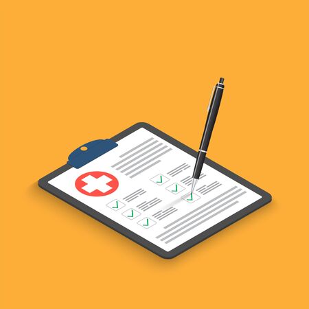 Clipboard with medical cross and pen isometric. Clinical record, prescription, claim, medical check marks report, health insurance concepts. Premium quality. Modern flat design graphic elements.のイラスト素材
