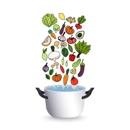 Cooking concept. On the stove, boil the soup. cooking food vector illustration isolate on a white background.のイラスト素材