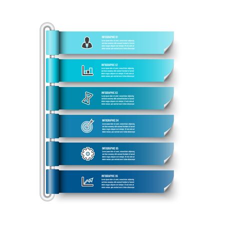 Vector infographic template with 3D paper label, integrated circles. Business concept with 6 options. For content, diagram, flowchart, steps, parts, timeline infographics, workflow, chart.のイラスト素材