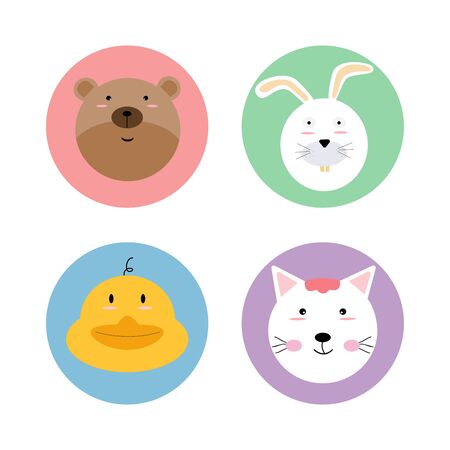 Animals pet wildlife circle icon logo label sticker set with bear, rabbit, duck and cat. flat vector illustration cartoon character design isolated.のイラスト素材
