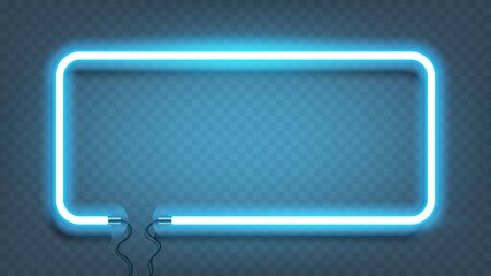 Neon rectangle lamp wall sign isolated on transparent background. Vector blue power glowing bulb banner, light line or neon frame for your design. Vector Illustration.のイラスト素材