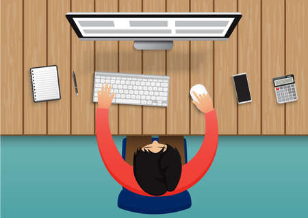 Business person working on computer. Businessman sitting on a blue chair top view the office Desk with Office equipment. Vector flat illustration character design on background.のイラスト素材