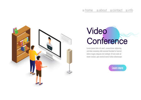Video conference landing. People on computer screen taking with colleague. Videoconferencing and online meeting workspace vector pageのイラスト素材