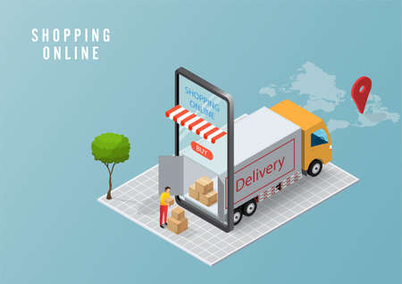 Online delivery service concept, online order tracking, Logistics delivery home and office on mobile. Vector illustrationのイラスト素材