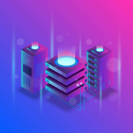 Concept of big data processing, energy station of future, server room rack, data center isometric vector illustrationのイラスト素材