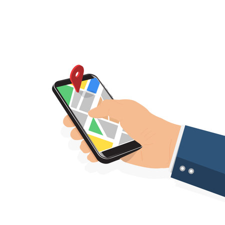 Male hand holding phone with map and pointer. Mobile gps navigation and tracking concept. Flat vector illustration for web sites, banners. Location track app on touch screen smartphoneのイラスト素材