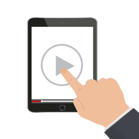 Hand pointing to play button on a tablet computer to watch video tutorial.のイラスト素材