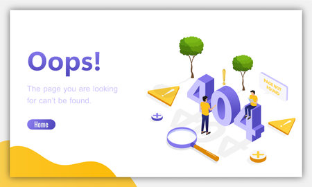 Design template for web page with 404 error. Isometric page. Not working error lost not found 404 sign problem landing vector designのイラスト素材