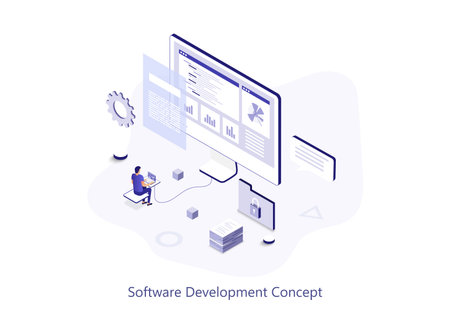 Software development isometric web concept. People program in different languages, working with code, optimize and customize programs scene. Vector illustration for website template in 3d designのイラスト素材