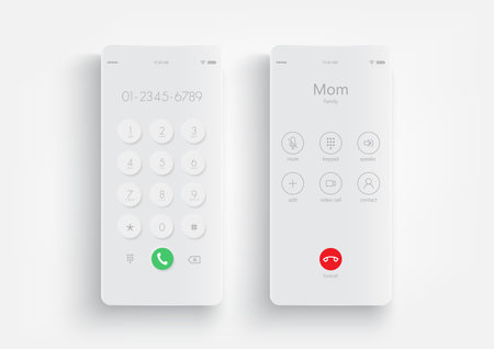 Phone screen call mockup. Mobile device interface template. Incoming call smartphone display. Keypad for template in touchscreen device.のイラスト素材