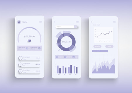 Online banking concept neumorphic templates set. Financial accounting, credit card, payment and bank services. UI, UX, GUI screens for responsive mobile app. Vector design kit in neumorphism styleのイラスト素材