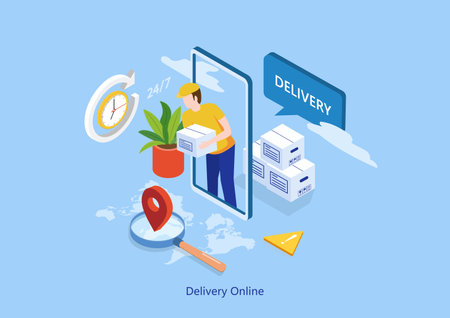 Delivery courier man holding Parcel Box with mobile phone. Fast online delivery service. Online order. Search tracking. concept for website or banner.のイラスト素材