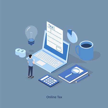 Isometric online tax payment vector illustration concept, people filling tax form, people submit digital tax via website , can use for, landing page, template, ui, web, homepage, poster, banner, flyerのイラスト素材