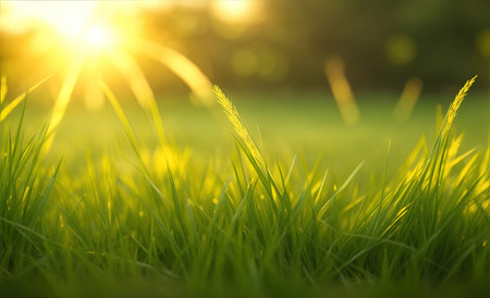 Green grass in the field with sun and bokeh background.の素材