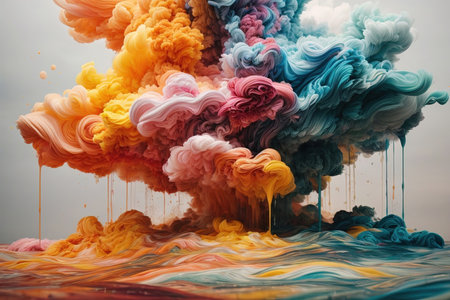 Abstract background with multi-colored paint splashes in water.の素材