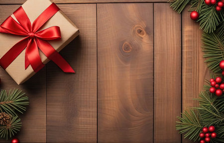Gift box with red ribbon and fir tree branches on wooden backgroundの素材