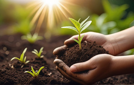 Close-up of female hands holding young plant in soil. Earth day conceptの素材