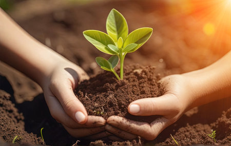 Close-up of female hands holding young plant in soil. Earth day conceptの素材