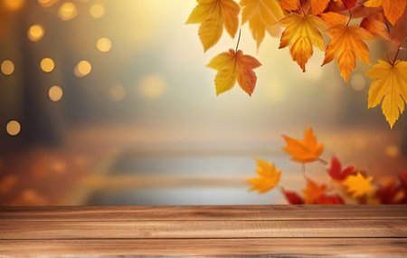 Empty wooden table with autumn background. Wooden table and autumn leaves on abstract bokeh fall backgroundの素材