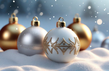 3D rendering of christmas baubles in white snow backgroundの素材