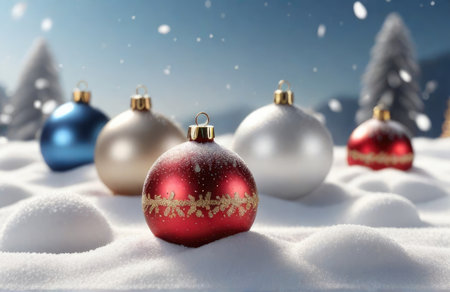 3D rendering of christmas baubles in white snow backgroundの素材