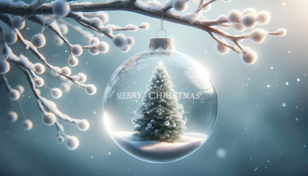 Merry Christmas and Happy New Year greeting card with glass ball with christmas tree.の素材