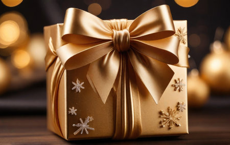 Christmas gift box with golden bow and decoration on bokeh backgroundの素材