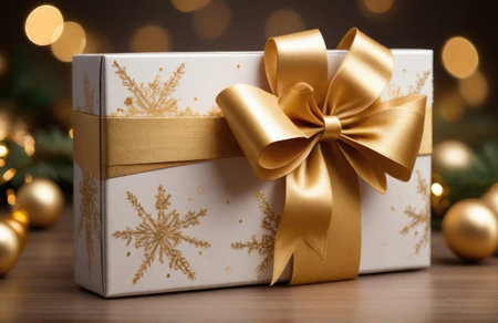 Christmas gift box with golden bow and decoration on bokeh backgroundの素材
