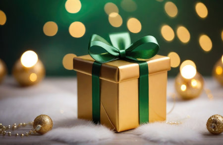 Christmas gift box with golden bow and decoration on bokeh backgroundの素材