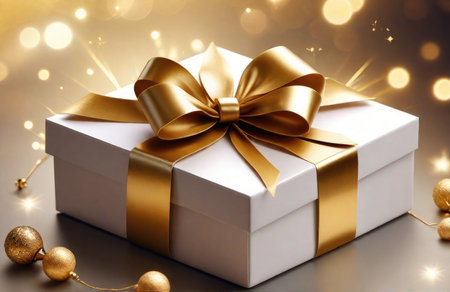 Christmas gift box with golden bow and decoration on bokeh backgroundの素材